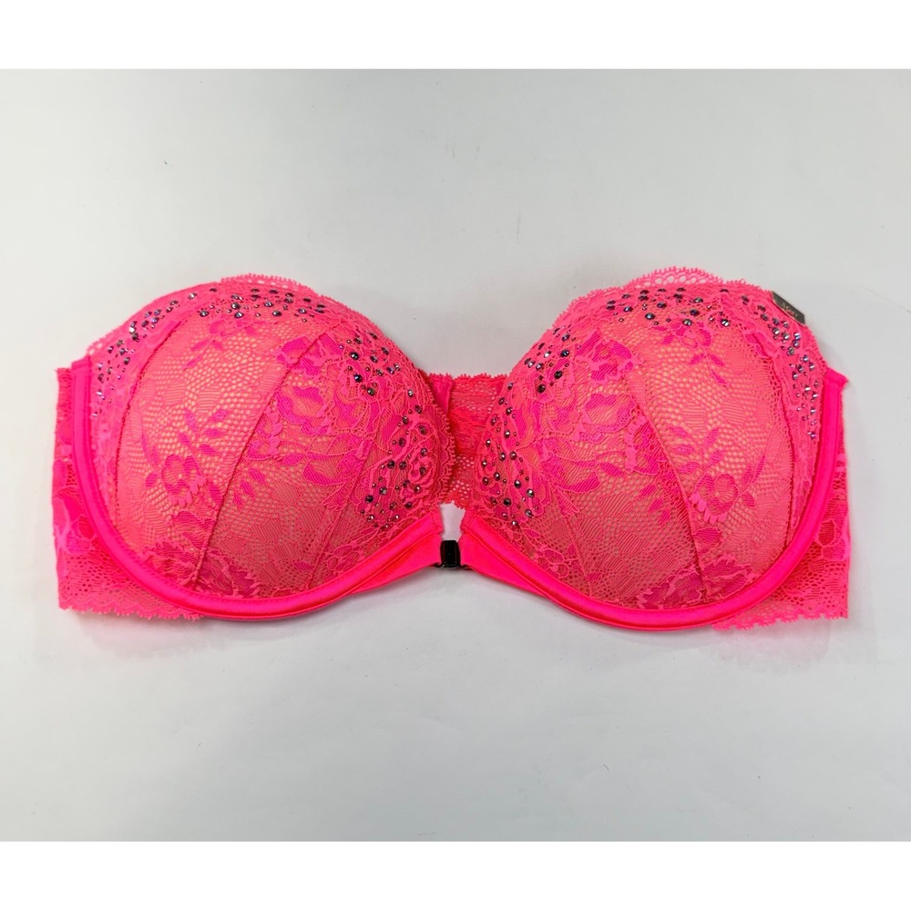 NEW Victoria's Secret Strapless Bra 36D Pink Lace Rhinestone Front Close Padded